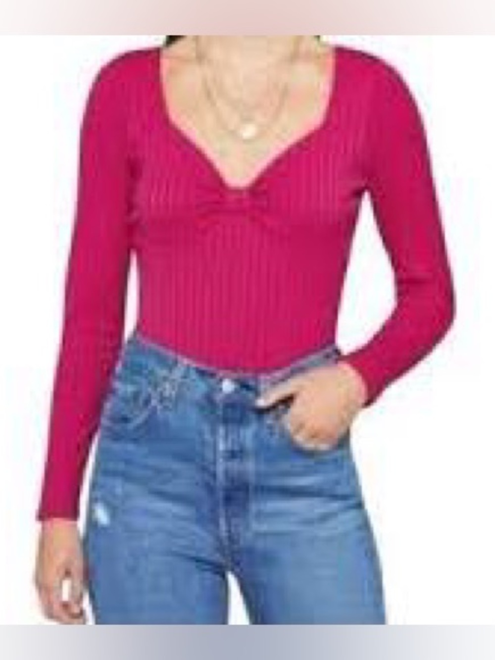 Women’s Long-Sleeve Ribbed Pink/Fuchsia Bodysuit with Bow Design | Large